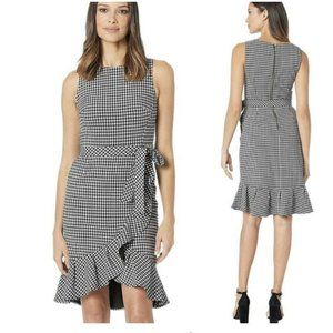 Calvin Klein Black White Gingham Asymmetrical Ruffle Hem Dress With Tie Size 10